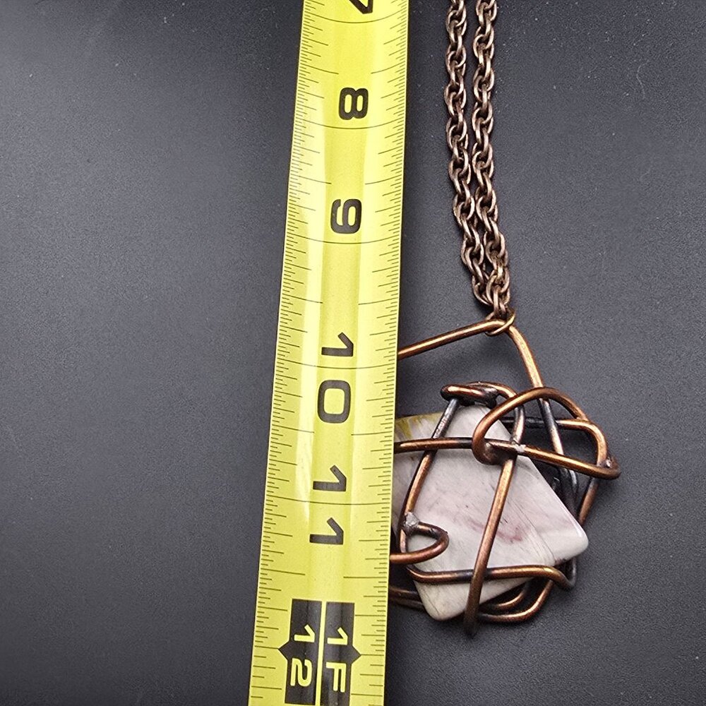 Vintage Copper Wire Wrapped Pendant Necklace W/ Stone Center & Chain By Kim - Picture 6 of 10